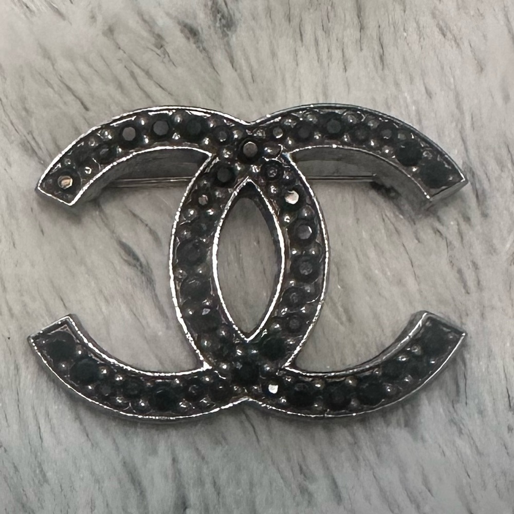 CHANEL Black Crystal Double C Brooch